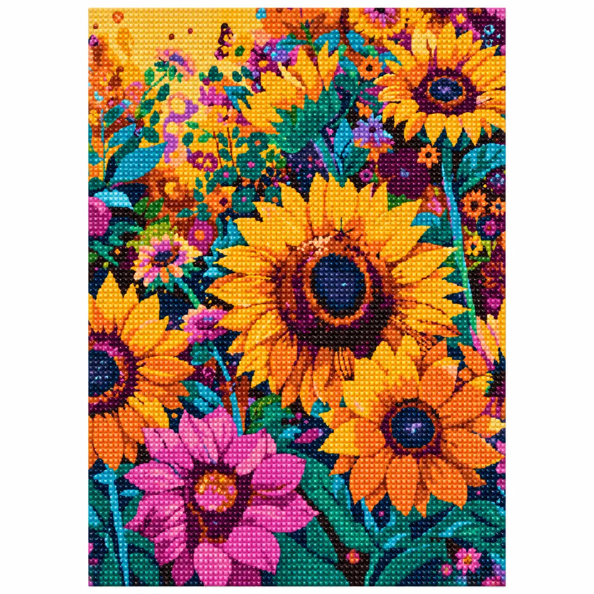 Finished diamond painting of sunlit summer bloom.
