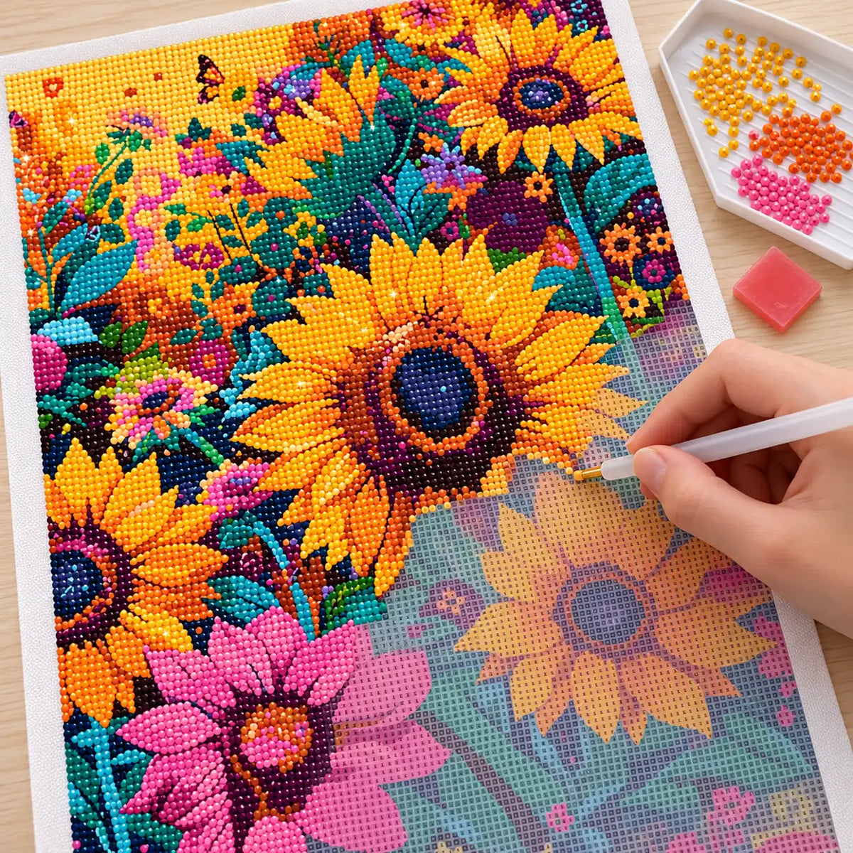 Diamond painting process for sunlit summer bloom.