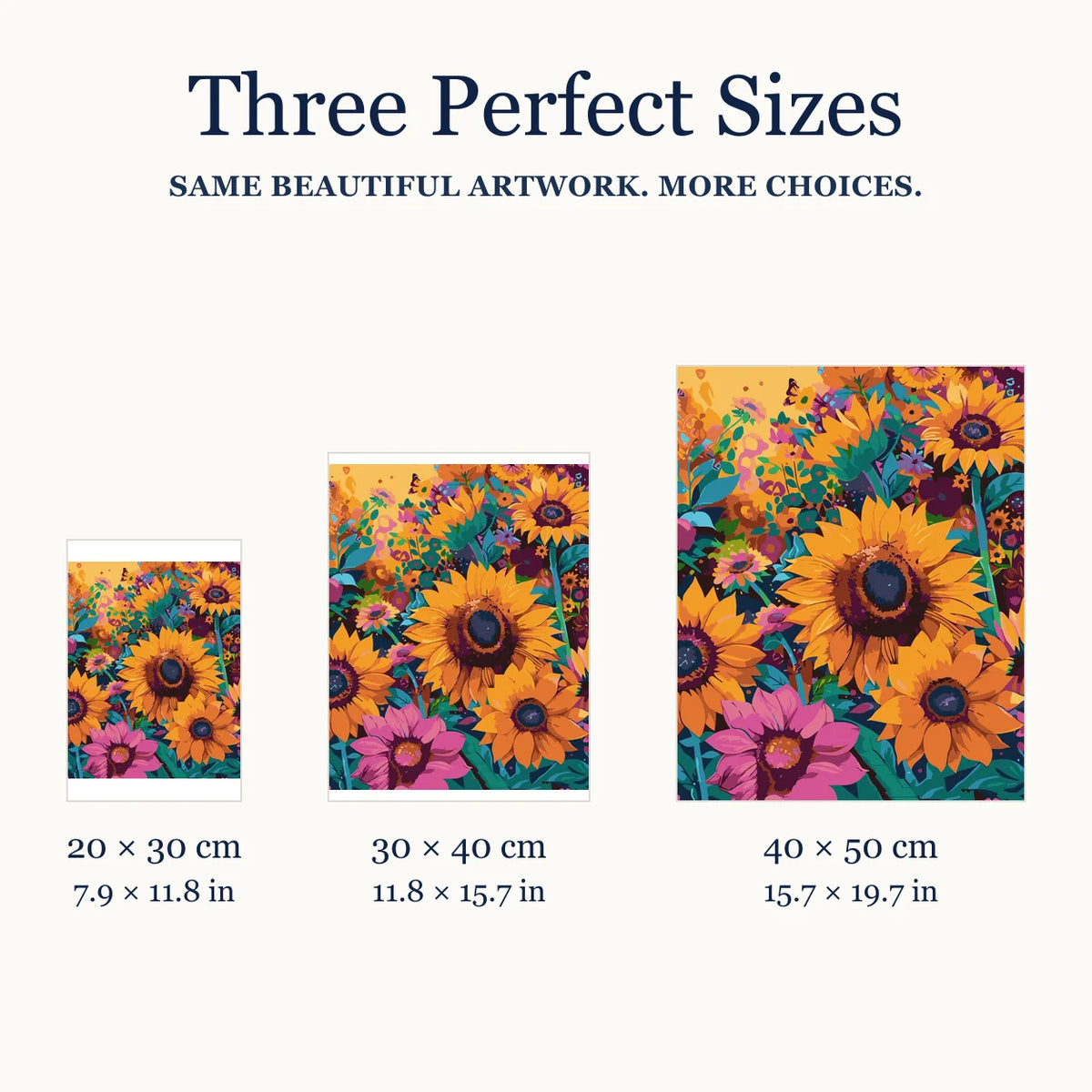 Size guide for Sunlit Summer Bloom Diamond Painting Kit: 20 × 30 cm, 30 × 40 cm, and 40 × 50 cm.