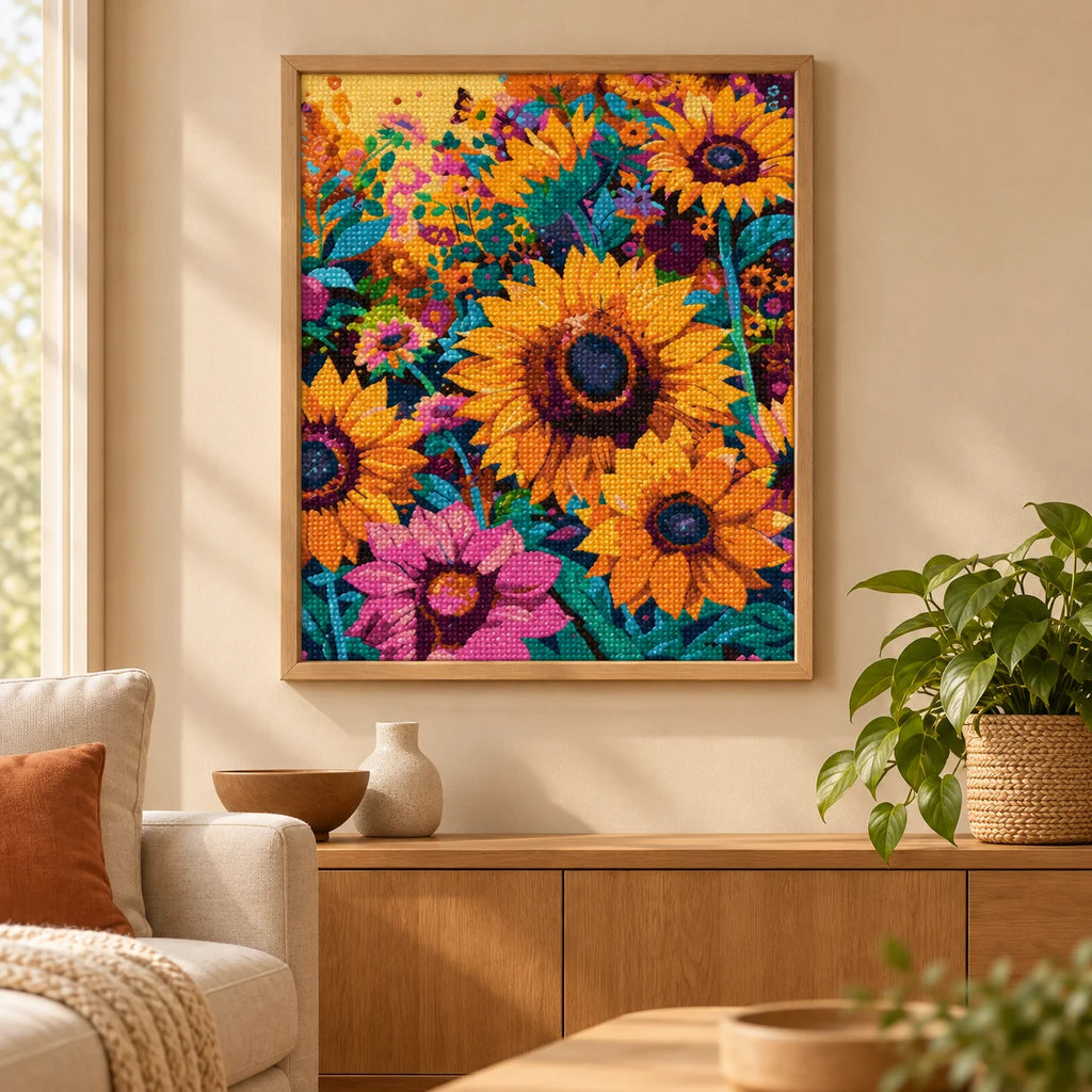 Home decor scene showing sunlit summer bloom displayed on a wall.