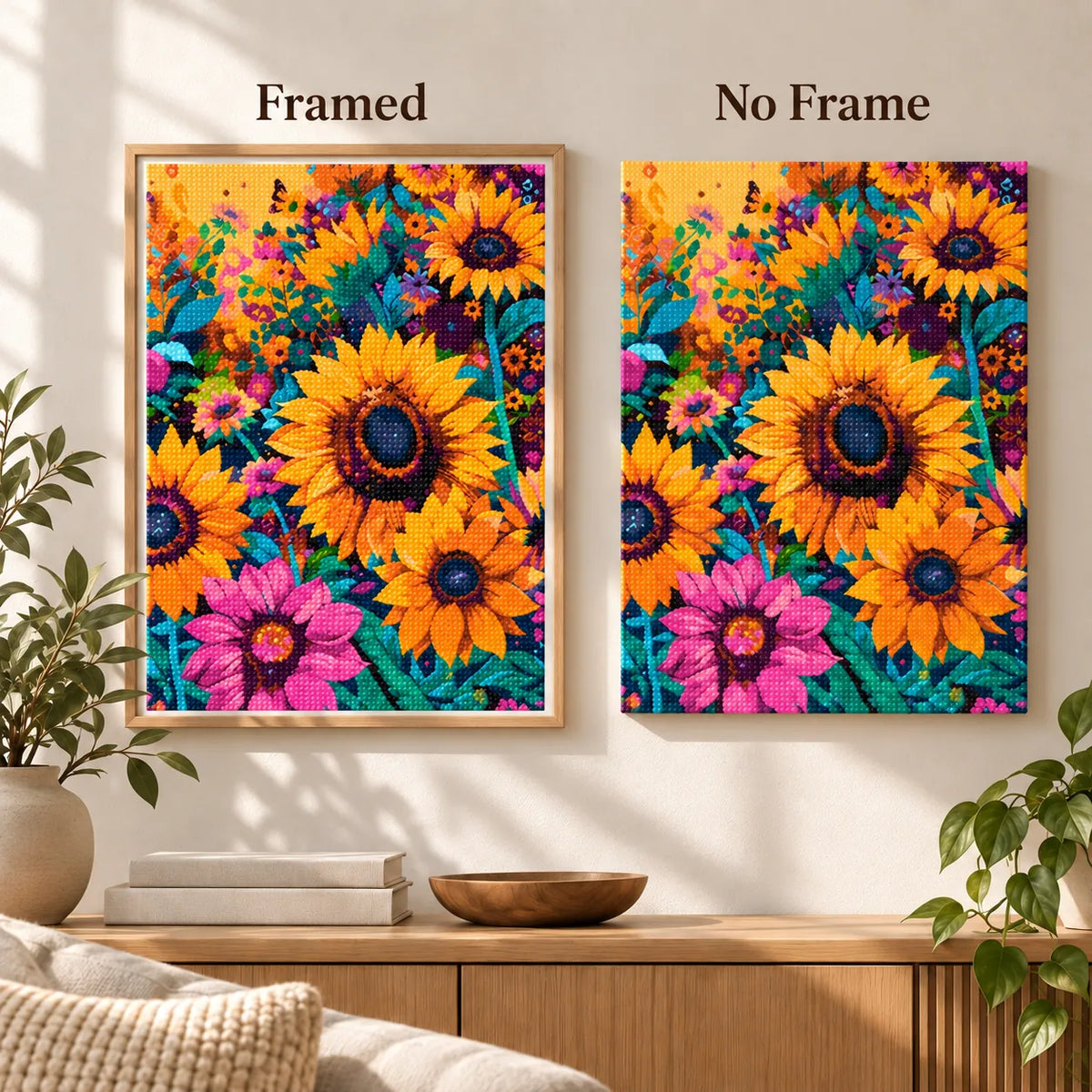 Framed and no-frame comparison for Sunlit Summer Bloom Diamond Painting Kit.