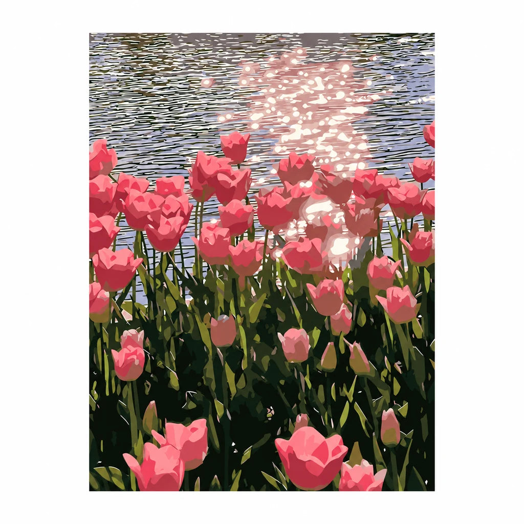 Original artwork for Sunlit Tulip Reflection Diamond Painting Kit, showing pink tulips reflected in a pond beneath warm sunlight.