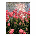 Original artwork for Sunlit Tulip Reflection Diamond Painting Kit, showing pink tulips reflected in a pond beneath warm sunlight.