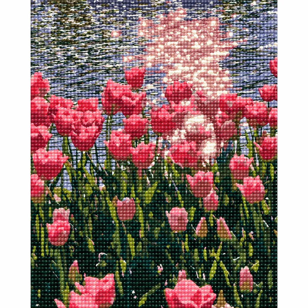 Finished diamond painting of pink tulips reflected in a pond beneath warm sunlight.