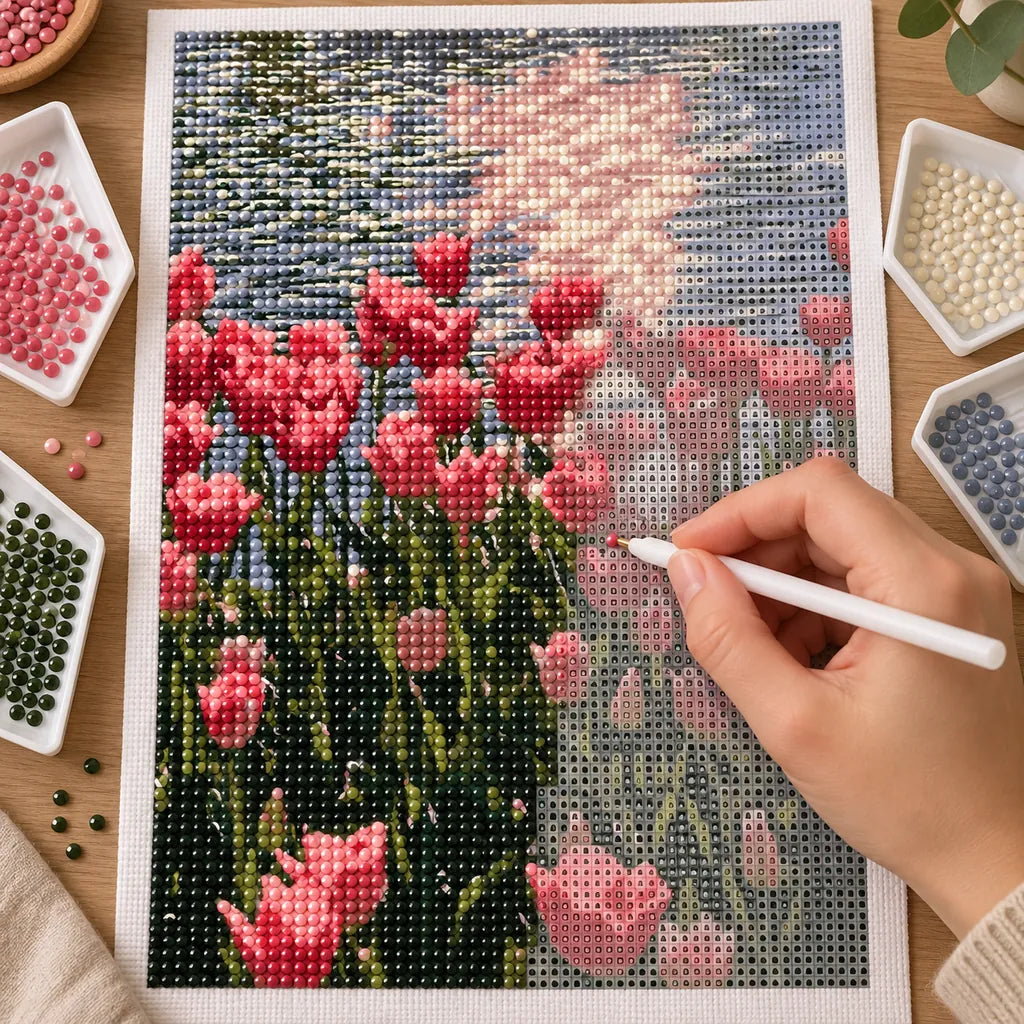 Diamond painting process for Sunlit Tulip Reflection, showing drills being placed over pink tulips reflected in a pond beneath warm sunlight.