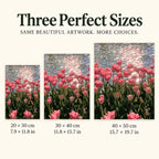 Size guide for Sunlit Tulip Reflection: 20 × 30 cm, 30 × 40 cm, and 40 × 50 cm.
