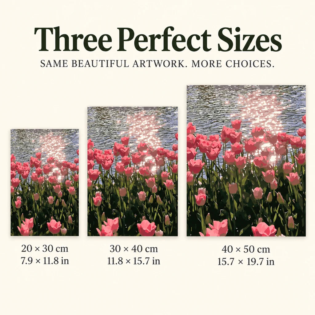 Size guide for Sunlit Tulip Reflection: 20 × 30 cm, 30 × 40 cm, and 40 × 50 cm.