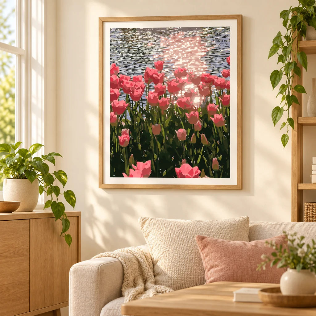Home decor scene showing Sunlit Tulip Reflection artwork displayed on a wall.