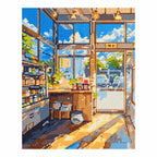 White-background finished diamond painting of Sunlit Urban Market