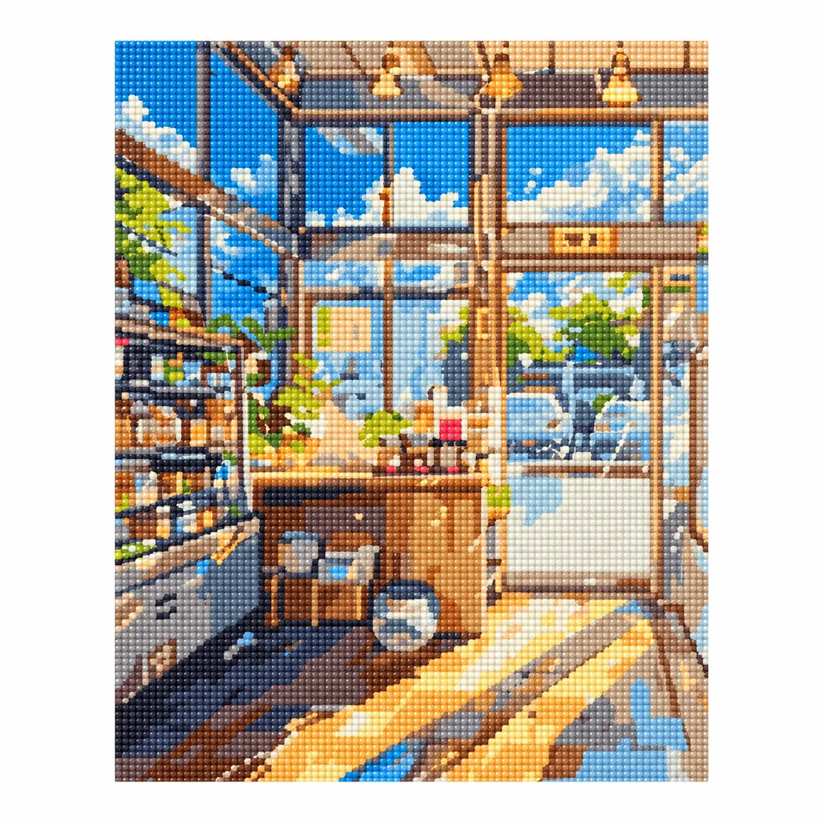 White-background finished diamond painting of Sunlit Urban Market