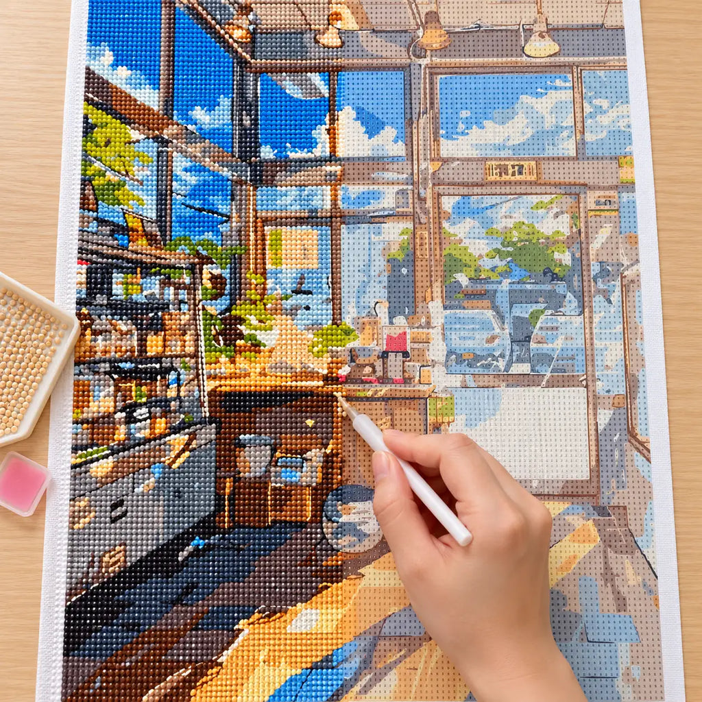 Diamond painting process for Sunlit Urban Market