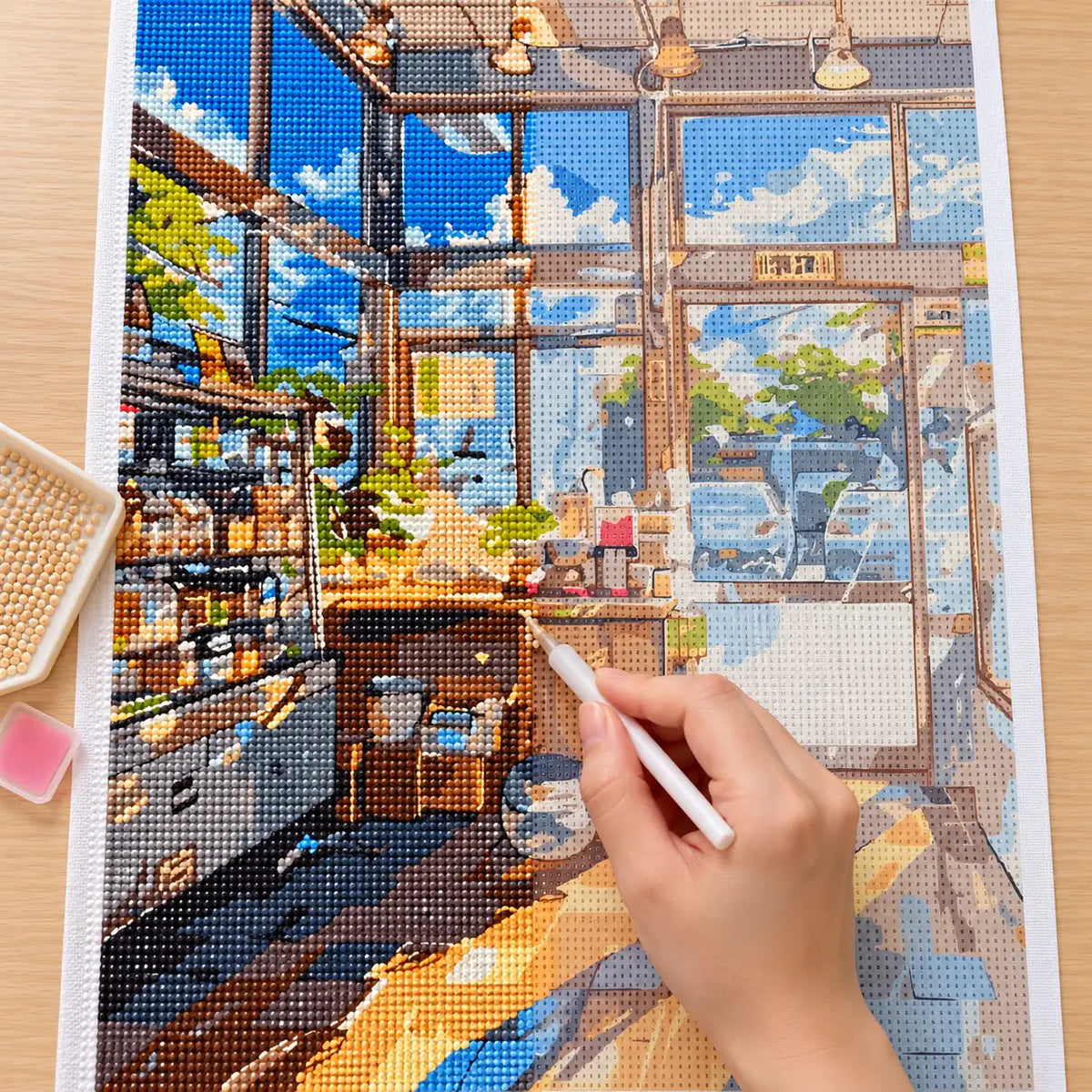 Diamond painting process for Sunlit Urban Market