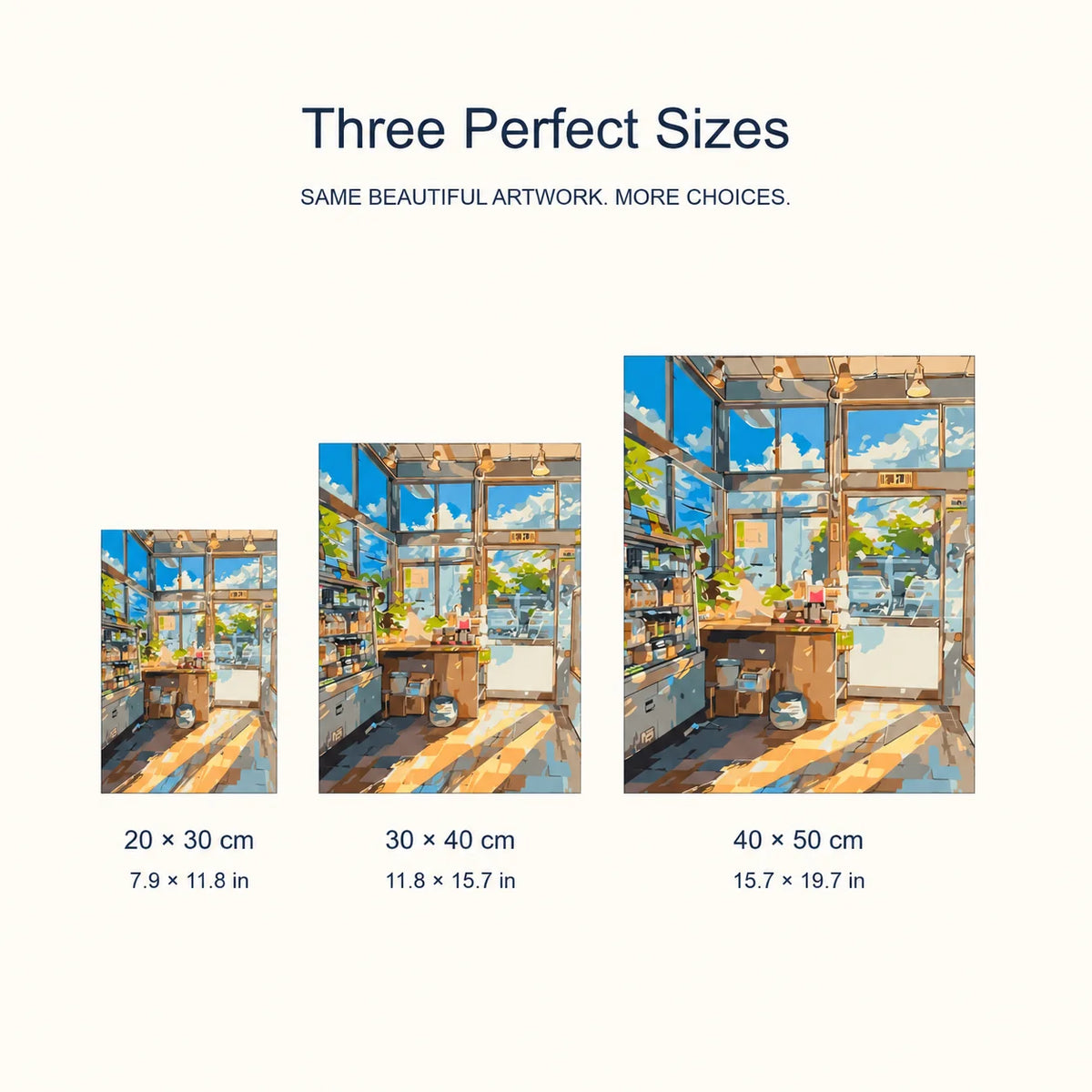 Three canvas sizes for Sunlit Urban Market