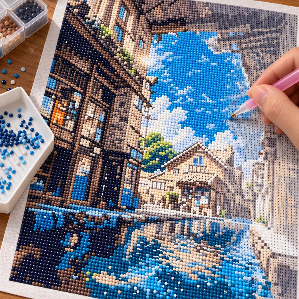 Diamond painting process for Sunlit Village Passage, with drills being placed over a sunlit stone passage opening onto blue water between old village buildings.