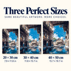 Size guide for Sunlit Village Passage: 20 × 30 cm, 30 × 40 cm, and 40 × 50 cm.