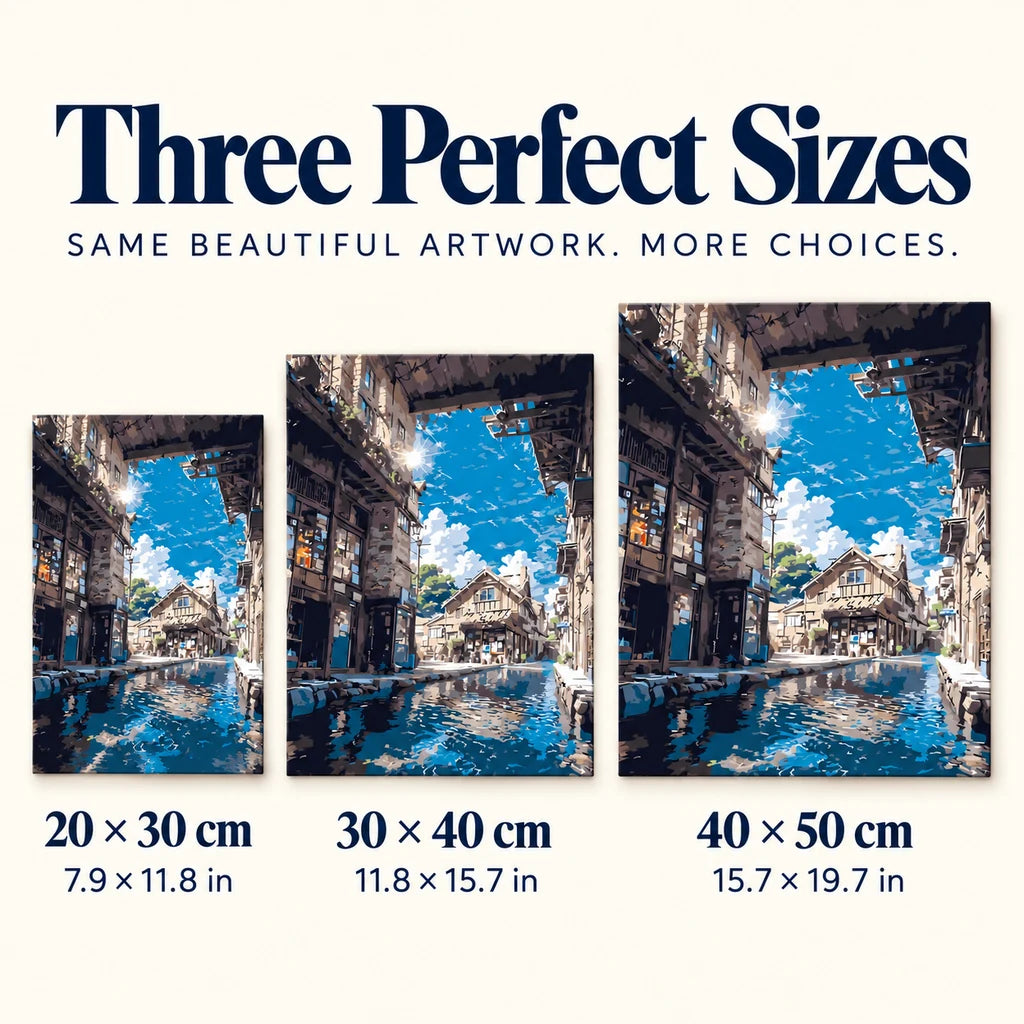 Size guide for Sunlit Village Passage: 20 × 30 cm, 30 × 40 cm, and 40 × 50 cm.