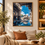 Home decor scene showing Sunlit Village Passage artwork displayed on a wall.