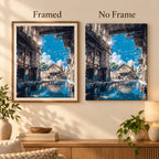 Framed and no-frame comparison for Sunlit Village Passage artwork.