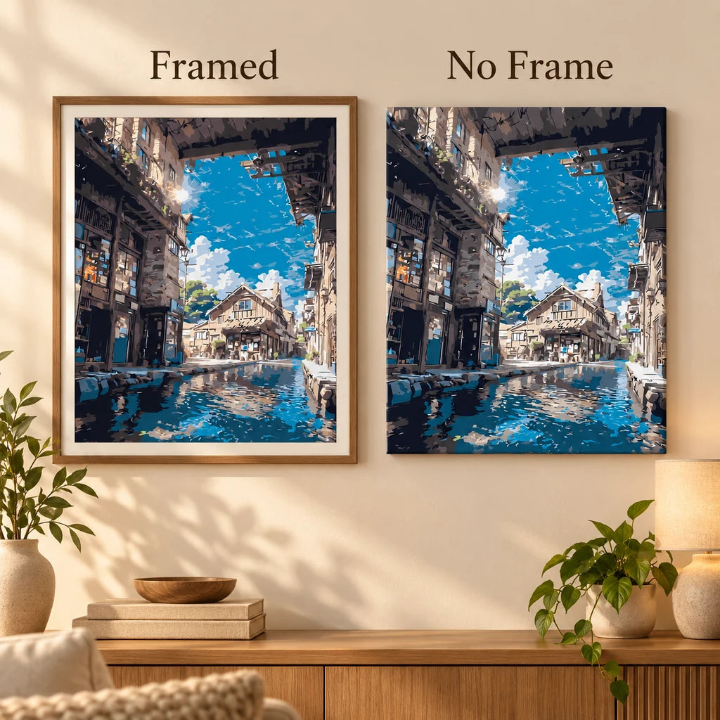 Framed and no-frame comparison for Sunlit Village Passage artwork.