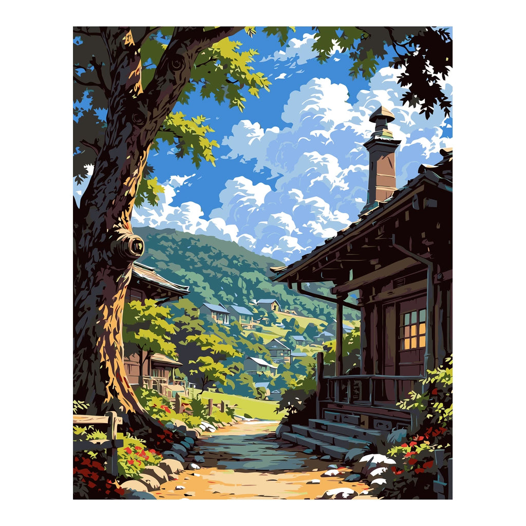 Original landscape artwork for Sunlit Village Trail Diamond Painting Kit