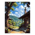 Original landscape artwork for Sunlit Village Trail Diamond Painting Kit