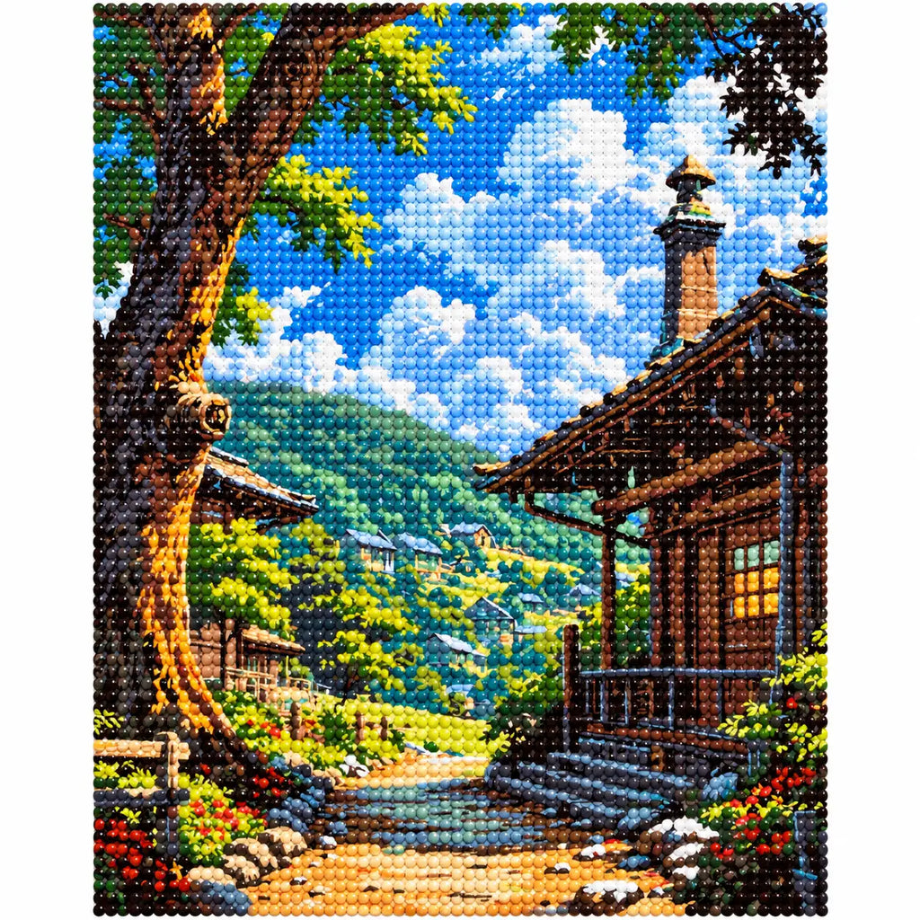 Finished diamond painting of Sunlit Village Trail with sparkling drills