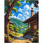 Finished diamond painting of Sunlit Village Trail with sparkling drills