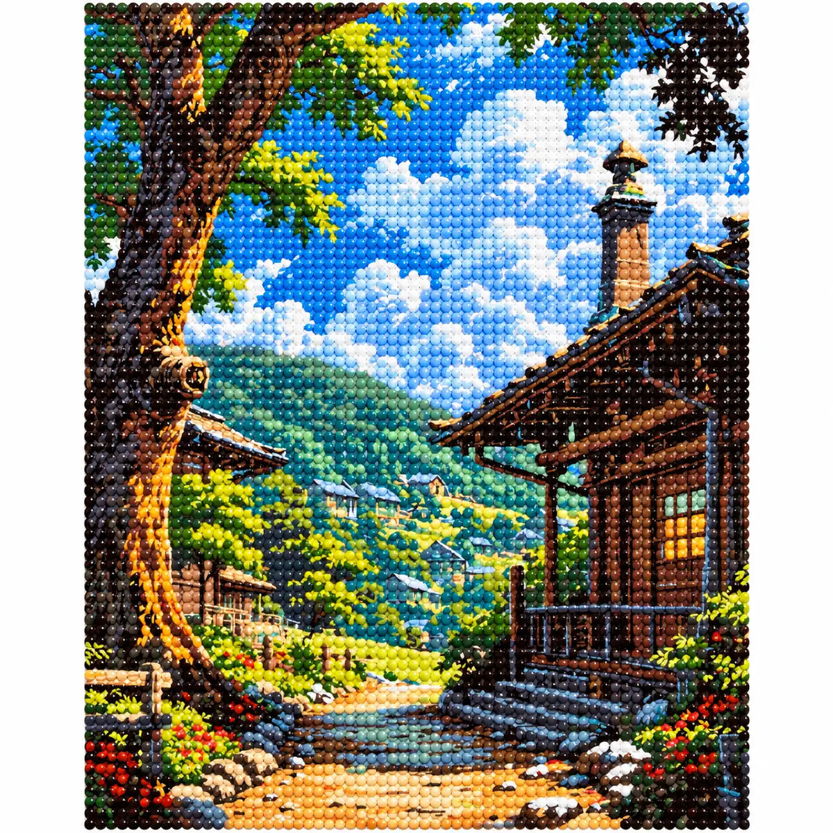 Finished diamond painting of Sunlit Village Trail with sparkling drills