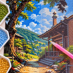 Diamond painting process for Sunlit Village Trail
