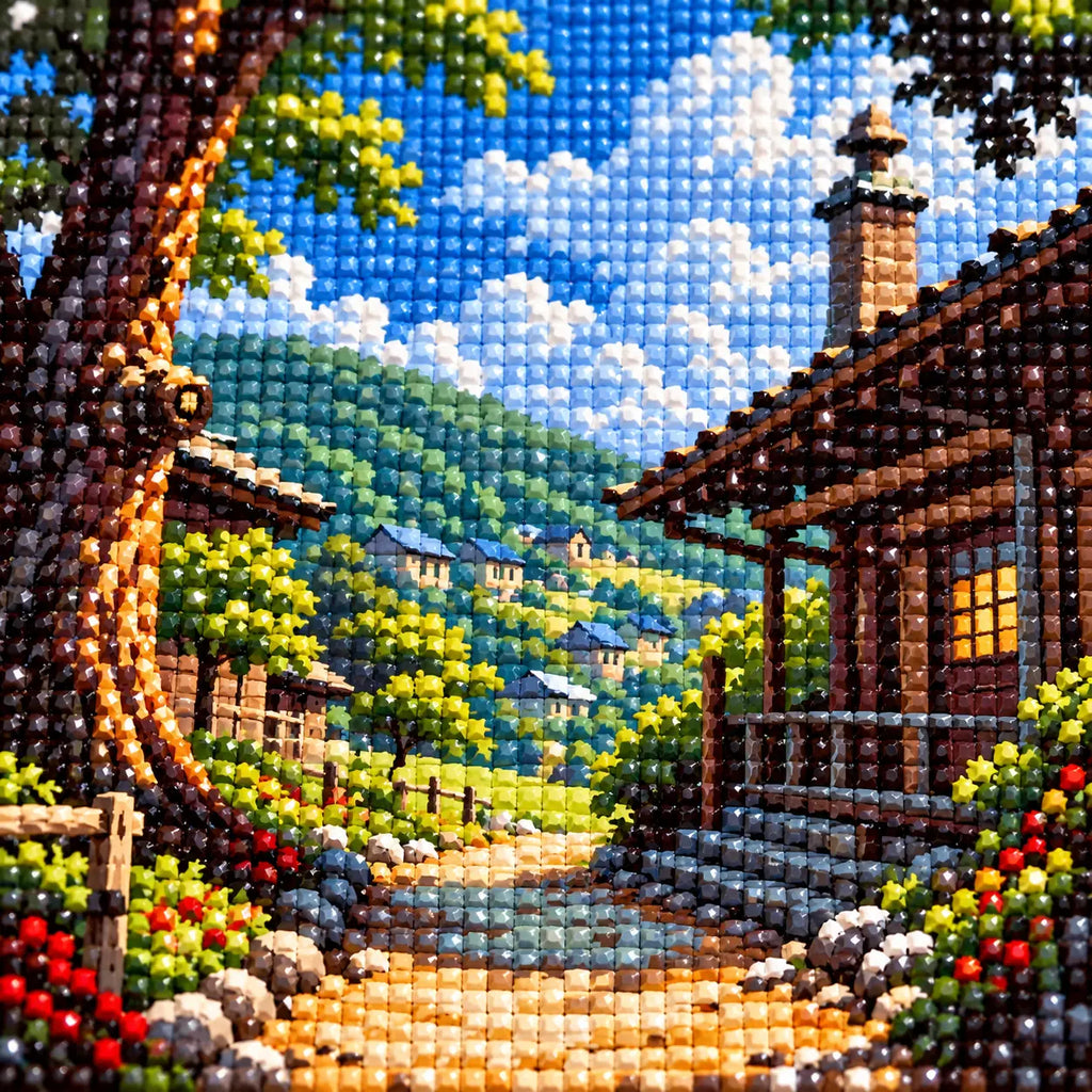 Close-up drill detail of the Sunlit Village Trail diamond painting
