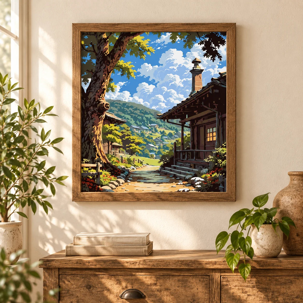 Sunlit Village Trail diamond painting displayed as home decor