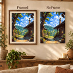 Sunlit Village Trail diamond painting shown framed and unframed