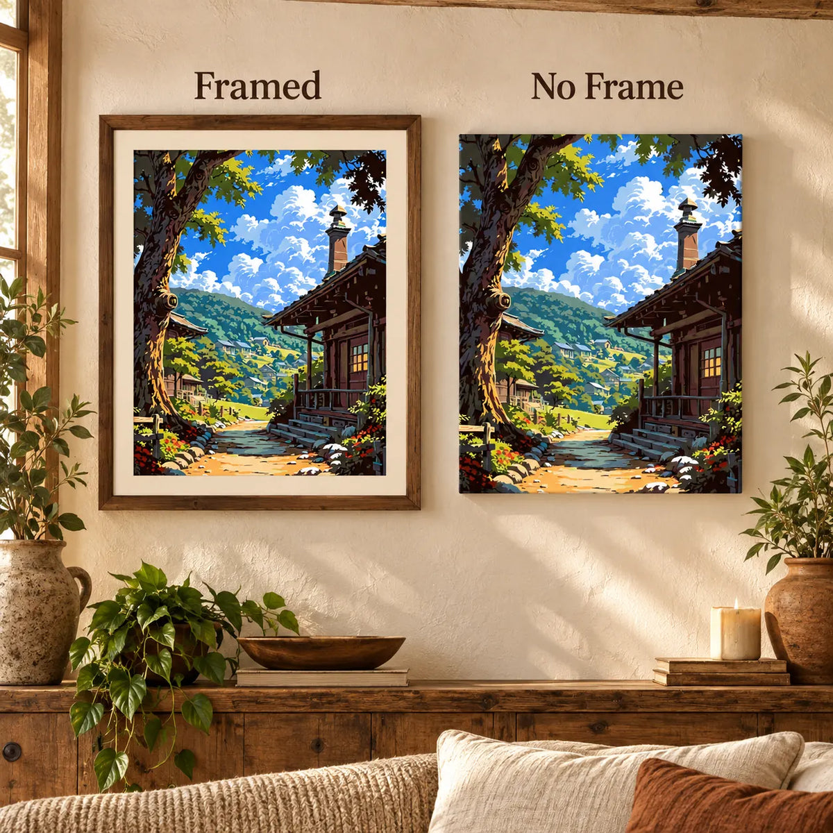 Sunlit Village Trail diamond painting shown framed and unframed