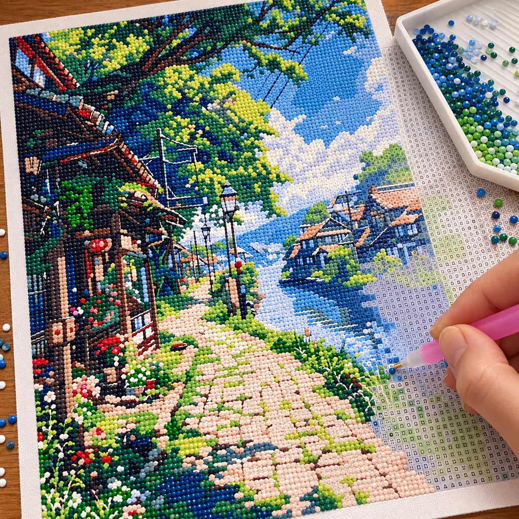 Diamond painting process for Sunlit Village Walkway, with drills being placed over a stone walkway winding through a leafy village lane.
