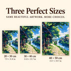 Size guide for Sunlit Village Walkway: 20 × 30 cm, 30 × 40 cm, and 40 × 50 cm.