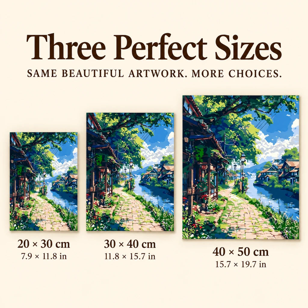 Size guide for Sunlit Village Walkway: 20 × 30 cm, 30 × 40 cm, and 40 × 50 cm.