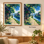 Framed and no-frame comparison for Sunlit Village Walkway artwork.