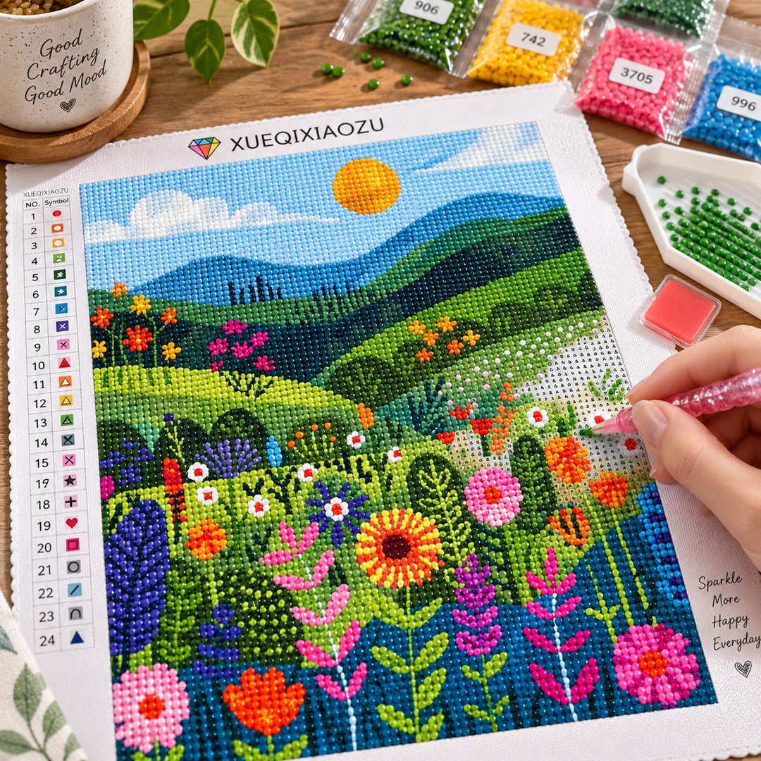 Sunlit Wildflower Meadow Diamond Painting Kit finished white-background