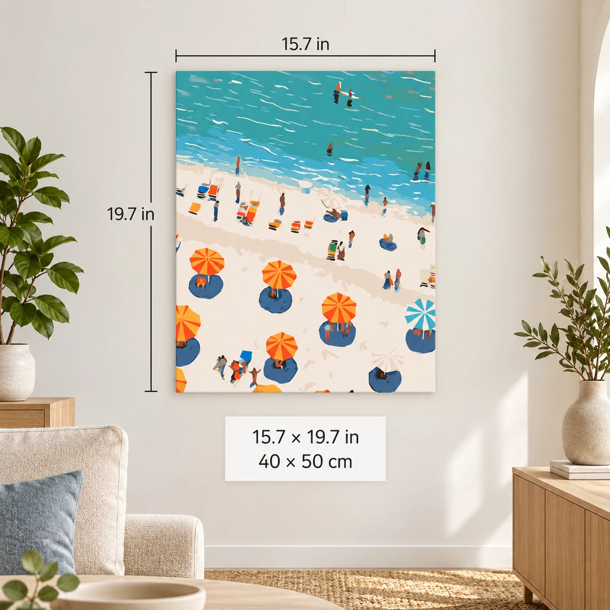 Sunny Beach Umbrellas Aerial shown in a styled room with 15.7 x 19.7 in and 40 x 50 cm dimensions