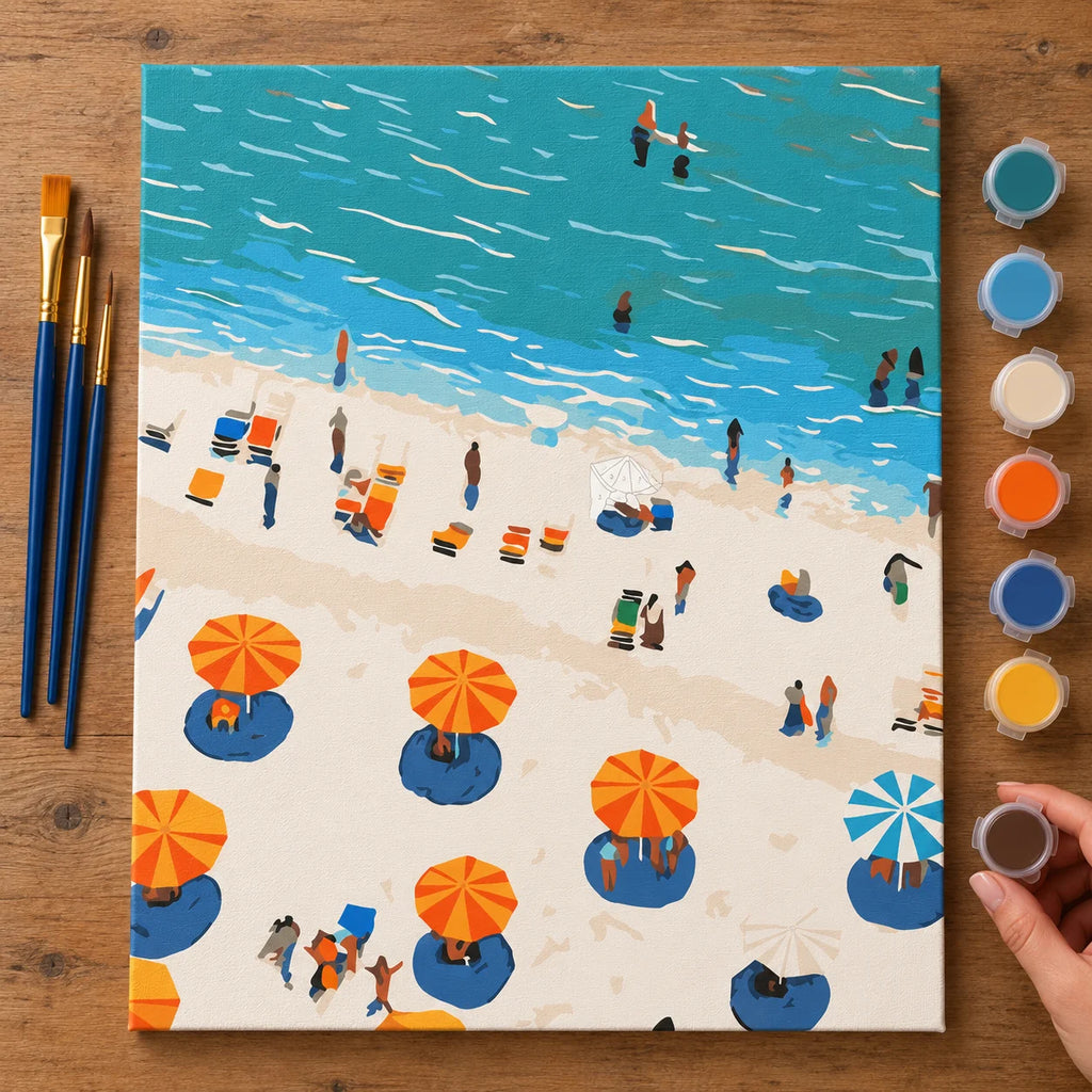 Complete Sunny Beach Umbrellas Aerial numbered canvas being painted with acrylic paints and brushes