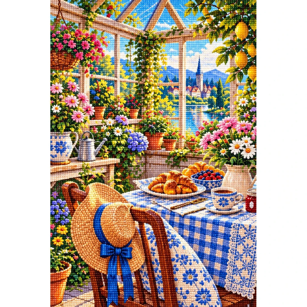 Sunny Breakfast Nook Wildflowers — finished diamond painting on a white background