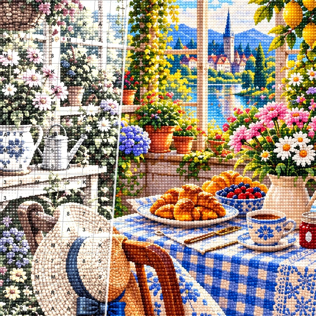 Sunny Breakfast Nook Wildflowers — close-up canvas and resin drill detail