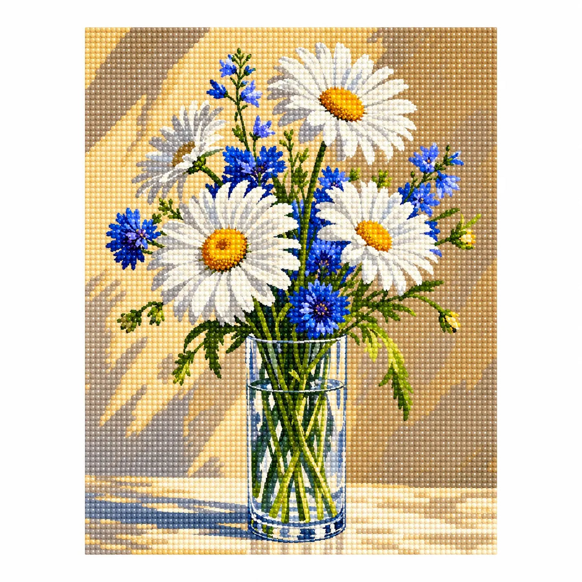 White-background finished diamond painting of Sunny Daisies and Blue Blooms