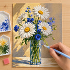 Diamond painting process for Sunny Daisies and Blue Blooms