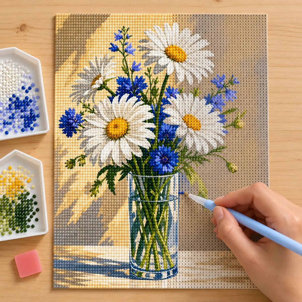 Diamond painting process for Sunny Daisies and Blue Blooms