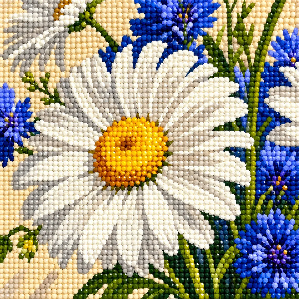 Close-up diamond drill detail of Sunny Daisies and Blue Blooms