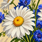 Close-up diamond drill detail of Sunny Daisies and Blue Blooms