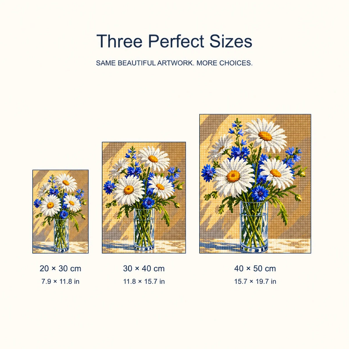 Three canvas sizes for Sunny Daisies and Blue Blooms