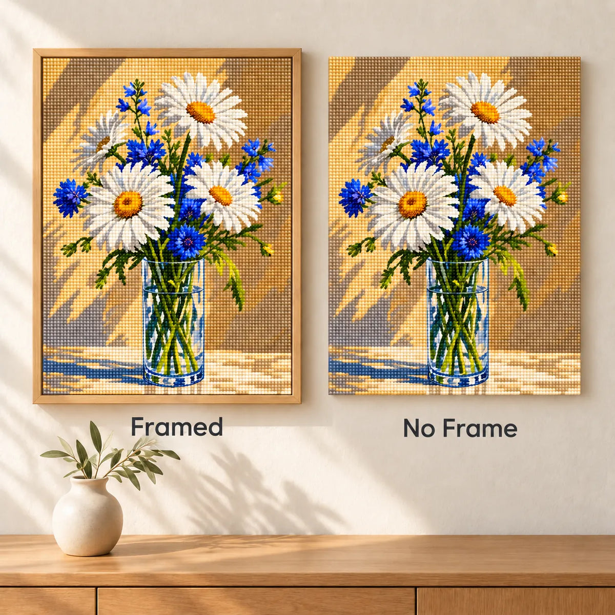 Framed and no-frame comparison for Sunny Daisies and Blue Blooms