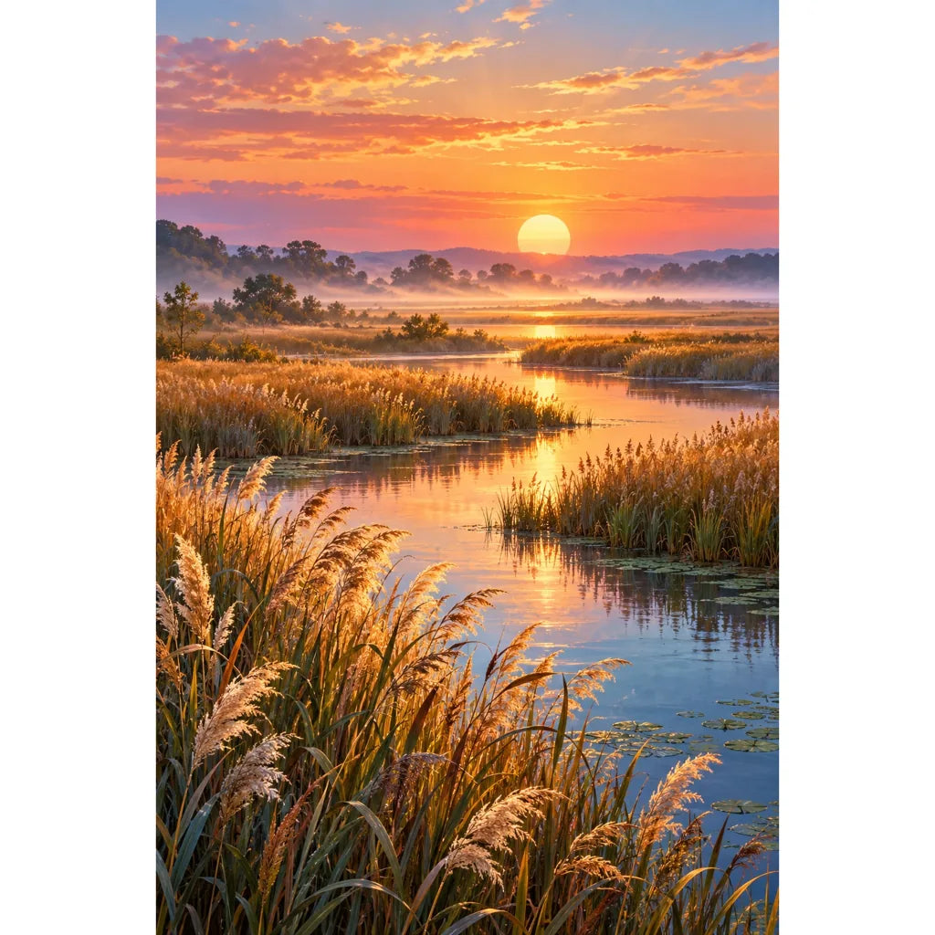 Original white-background artwork of golden reeds and reflective marsh channels beneath a glowing sunrise.